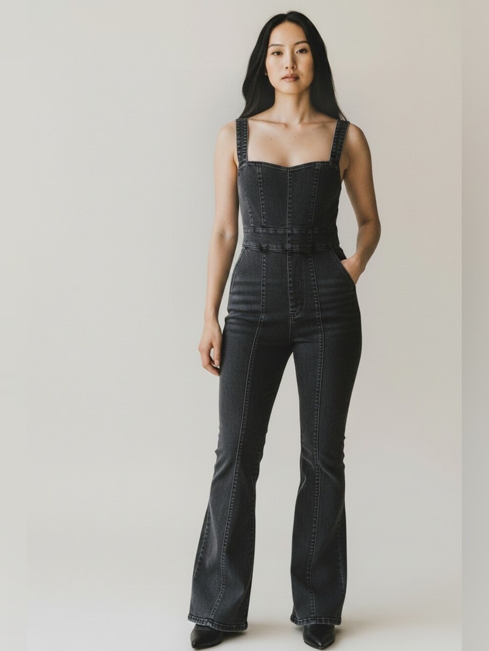 We The Free Distressed Black Strap Jumpsuit Overalls